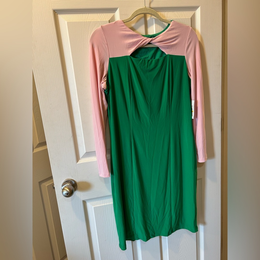 Kasper Medium Green & Pink Dress Long Sleeve Apple Green & Salmon Pink NWT